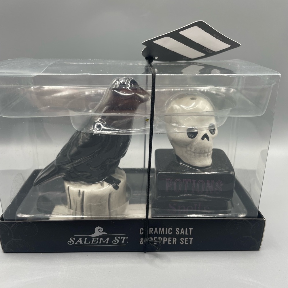 Salem St. Halloween Gothic Skull And Crow Raven Salt And Pepper Shakers NEW
